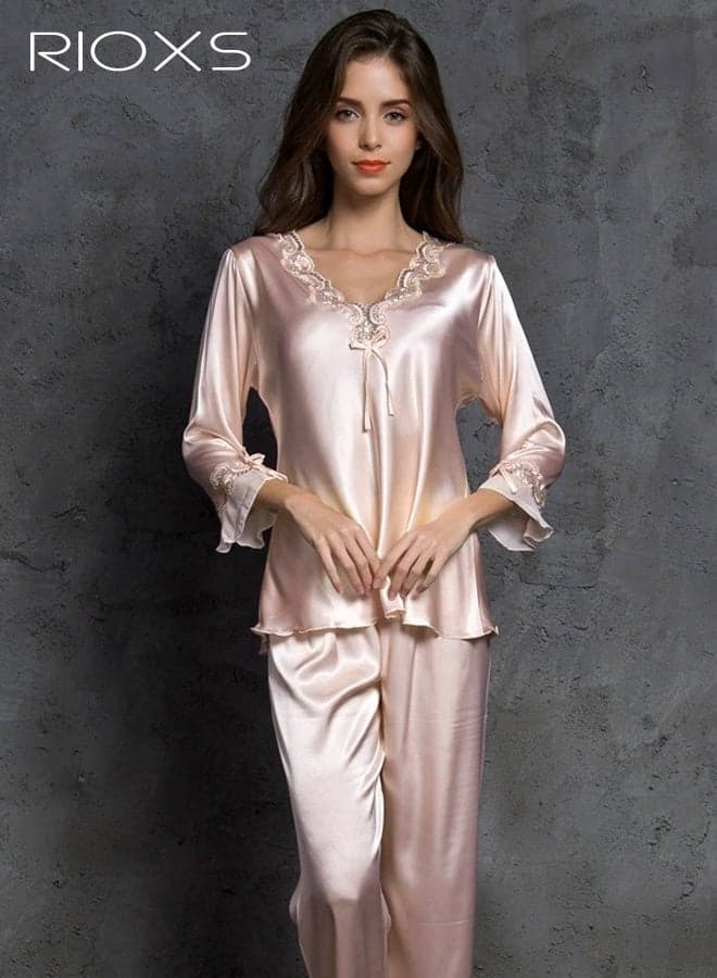 Women's Soft Silky Sleepwear Set Long Sleeve V-Neck Loungewear with Robe Ladies Satin Nightwear V-neck Pjs Lounge Set Lightweight Breathable Sleep Shirt Lounge Set