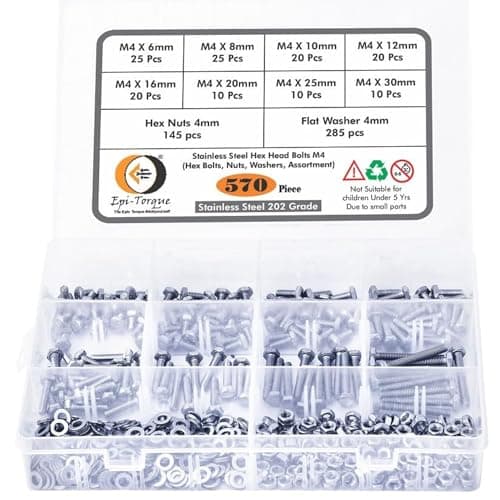 Epi-Torque; The Epic Torque #Doityourself Metric M4 Stainless Alloy Steel 202 Grade Full Threaded Hex Bolts Nuts and Washer Assortment Kit Set with Storage Box Pack of 570 Pcs