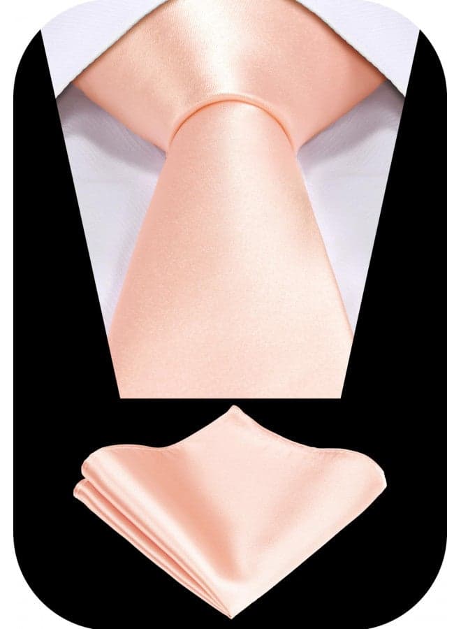 TIE G 5pcs Tie Set in Gift Box : Solid Color Necktie, Satin Bow Tie, Pocket Square, Lapel, Cuff Links (Peach)
