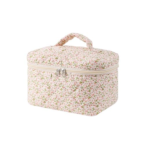 uekeboag Large Travel Quilted Makeup Bag for Women, Floral Cotton Cosmetic Bag, Coquette Aesthetic Floral Toiletry Organizer Bag(Little Pink Flower