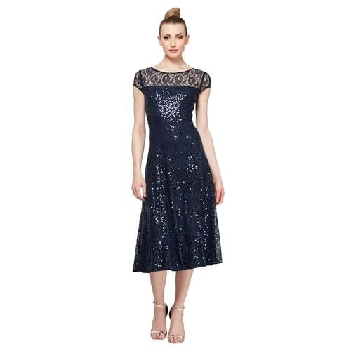 S.L. Fashions Women's Tea Length Cap Sleeve Lace A-Line Dress, Navy Sequin, 8