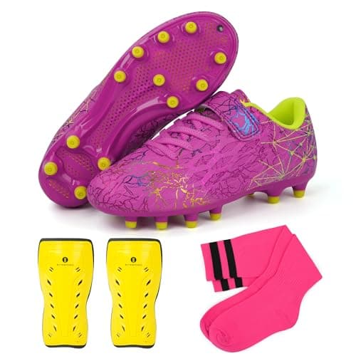 brooman Kids Firm Ground Soccer Cleats Girls Football Cleats with Shin Guards and Soccer Socks (8,Magenta)