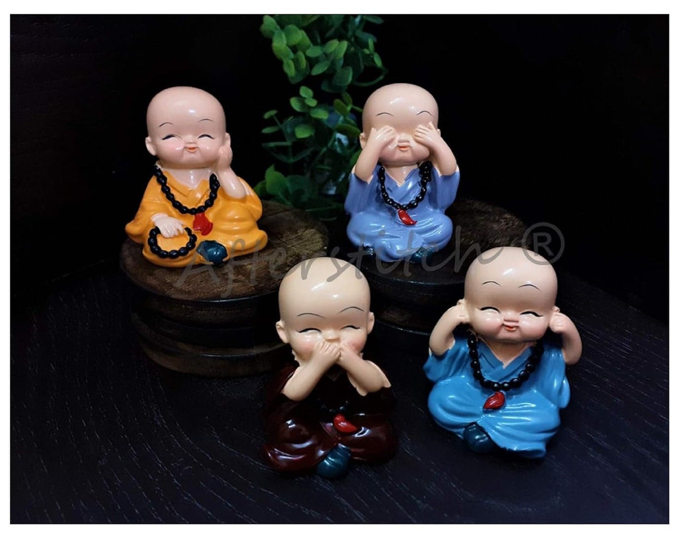 AFTERSTITCH Monks Set 4 Big Size Cute Baby Monk Buddha Idols Statues Showpiece Wearing Mala for Car Dashboard Home Dcor Decoration Gifting Purpose