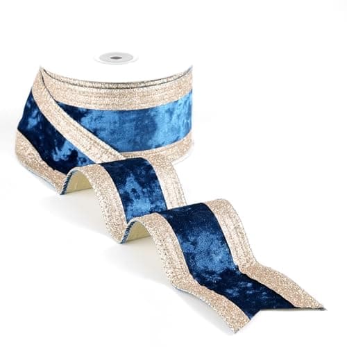 LIZLOVESS Navy and Champagne Gold Velvet Wired Ribbon 25 X 10 Yards Navy Velvet with Champagne Gold Glitter Border Stripe Christmas Ribbon for Tree Wreath Supplies Garlands Making
