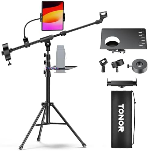 TONOR Microphone Stand with Tablet Holder, Tripod Boom Arm for Floor, Adjustable Height and Angle, Stand with Carrying Bag, Pad Clamp, Max 190 cm/74.8inch, High Compatibility, Cup Tray, T35+