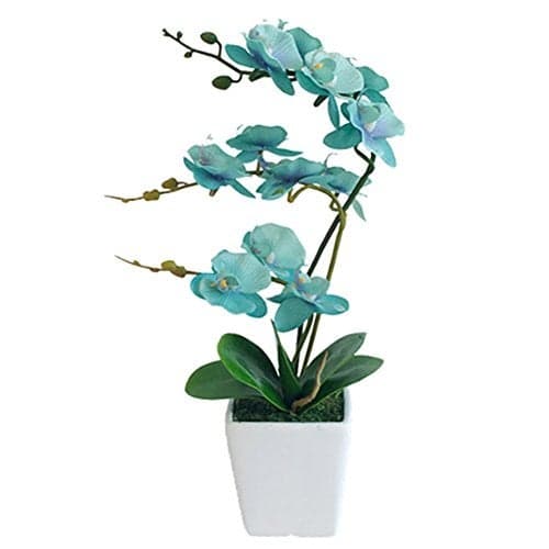 YSZL 15 Inches Tall Artificial Silk Phalaenopsis Orchid Flower Plant Pot Teal Arrangements Golden Blue
