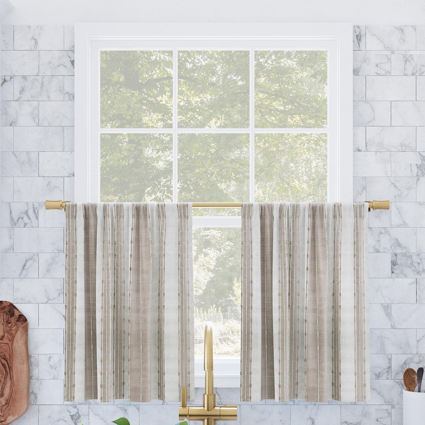Archaeo Slub Texture Stripe Cotton Cafe Curtain Pair 52 x 24 LinenWhite
