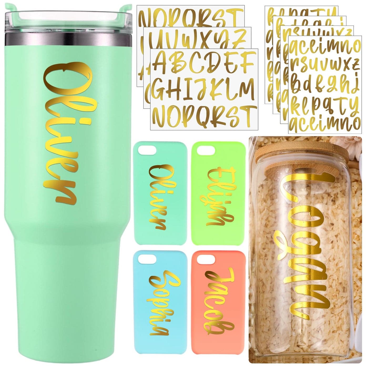 Humyoun 7 Sheets UV DTF Cup Wrap Name Decals for Tumblers Waterproof Custom Vinyl Lettering Alphabet Stickers Personalized Name Decals for 1440oz Tumbler Cups Water Bottle DIY Gold