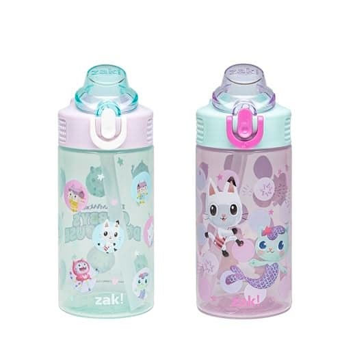 Zak Designs DreamWorks Gabby's Dollhouse Sage Kids Water Bottle For School or Travel, 16oz Durable Plastic Water Bottle With Straw and Leak-Proof, Pop-Up Spout Cover, 2-Pack Set (The Gabby Cats)