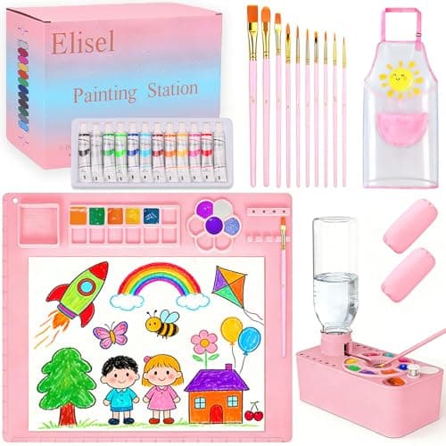 Elisel Painting Station5 IN 1 Art Paint Supplies KitsPaint Brush Cleaner UpgradedSilicone Painting Mat 12 Colors Paint Set10 Paint BrushesPainting Apron for Kids Artist Beginners Pink 5