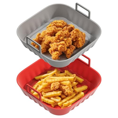 LiZhao Silicone Air Fryer Liners Reusable 2 PCS Square Air Fryer Inserts Air Fryer Accessories 4 to 7 Qt Silicone Liners Basket for Kitchen Red Gray