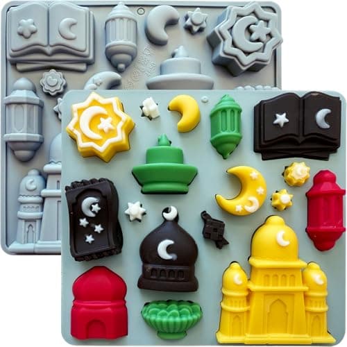 2Pcs Eid Mubarak Silicone Mold, Ramadan Chocolate Molds with Mosque Moon Star Quran Designs Eid al-Fitr Candy Mold Islamic Silicone Mold for DIY Baking Cupcake Toppers Jello Dessert Soap Resin Crafts