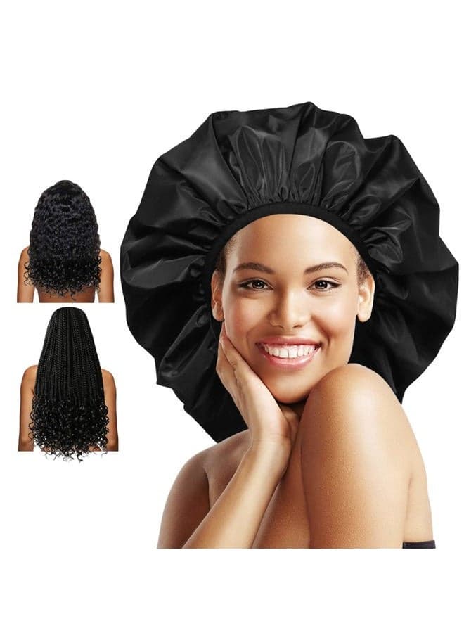 Extra Large Shower Cap, Double-Layer Waterproof Reusable, XL Satin Lining Shower Bonnet for Women Thick, Long Hair, Locs, Braids(Black)