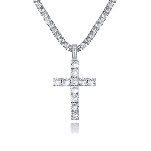 TOPGRILLZ 14K Gold Plated Solid Iced Out CZ Large Tennis Cross Pendant Necklace for Men Women Stainless Chain Gifts (Large Silver Tennis Chain)