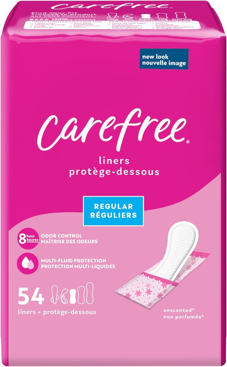 Carefree Panty Liners for Women, Regular, Wrapped, Unscented, 54ct | Pantiliners, Carefree Liners, Daily Liners for Women, Light Periods and Leaks, 8-Hour Odor Control | 54ct (Packaging May Vary)