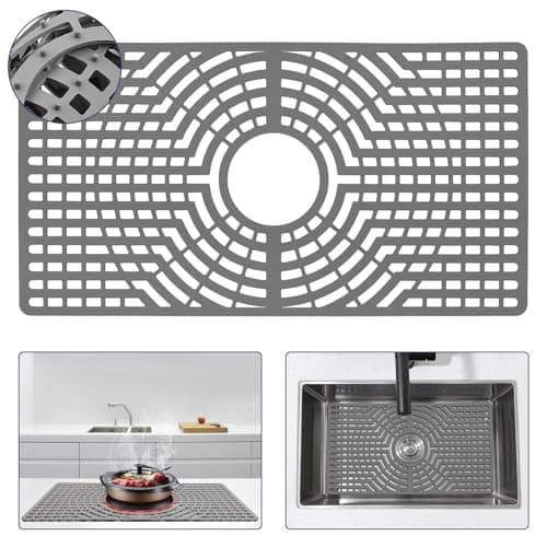 Snuggery Silicone Sink Protector 24"x12" Center Drain Hole, Heat Resistant Non-slip Dishwasher Suitable, Large Mat for Bottom of Farmhouse Kitchen Stainless Steel Sink (Grey)