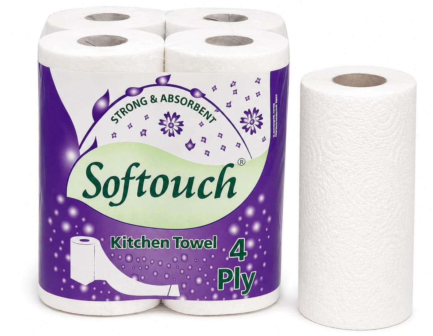 Softouch Kitchen Tissue Paper Rolls 4 Rolls | Kitchen Cleaner Wipes | 240 Pulls - 4 Ply | Pull Wipe Reuse | Highly Absorbent Kitchen Towels Rolls | Better Alternative to Kitchen Cleaning Cloth