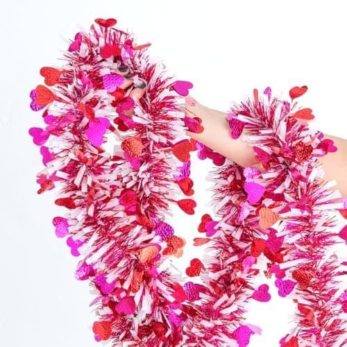Jocomoni 33Ft Valentine's Day Heart Tinsel Garland, Red Pink White Metallic Twisted Tinsel with Heart Confetti Glitter Hanging Garland for Valentine's Day Decoration