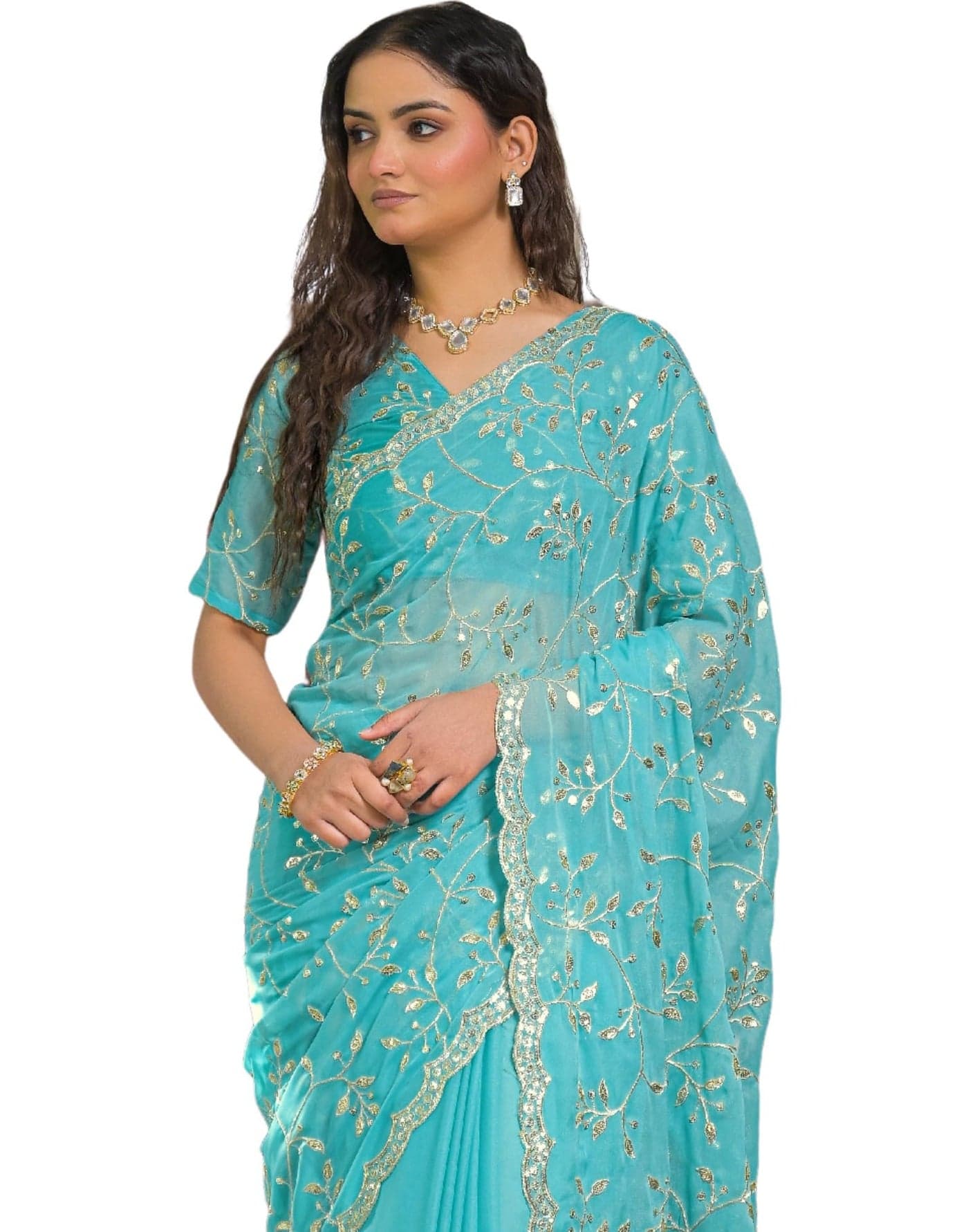 SIRIL Women's Sequins Embroidery, Scalloped Border Saree With Unstitched Blouse Piece(4979S242_Turquoise)