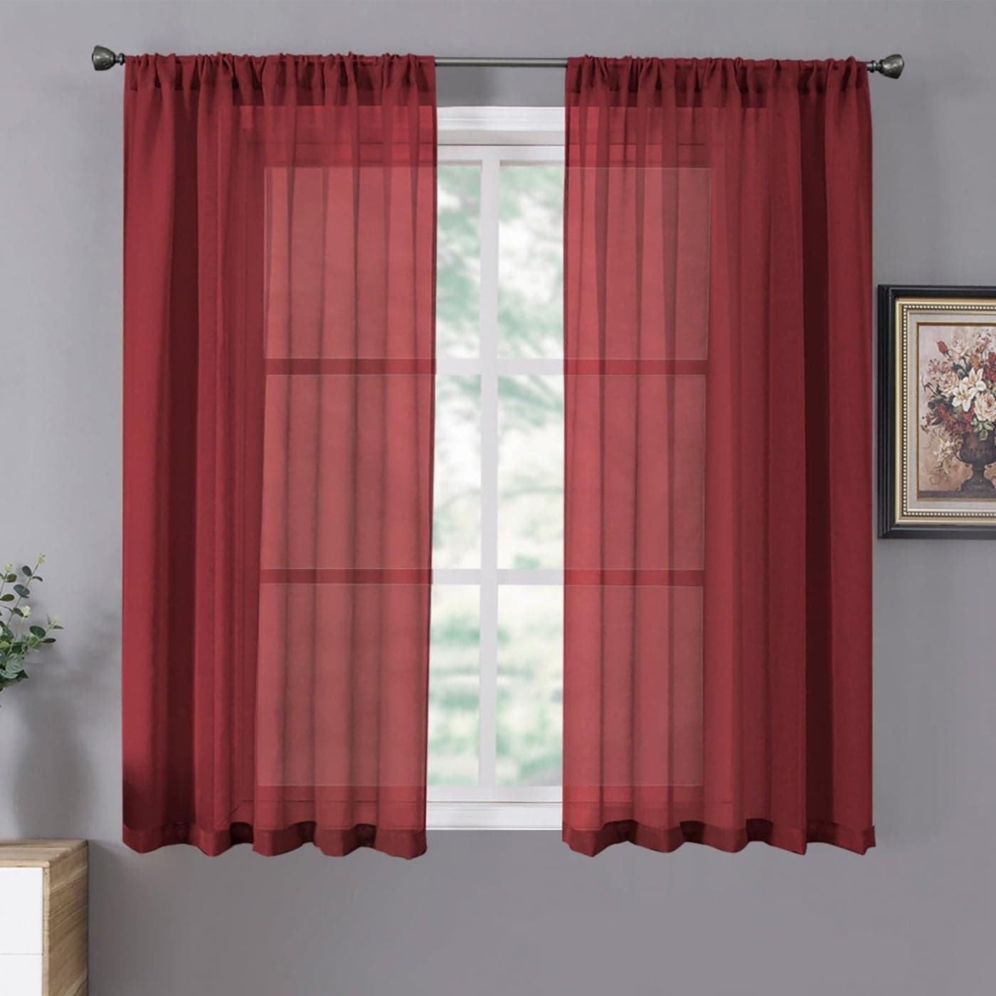 Tollpiz Short Sheer Curtains Linen Textured Living Room Curtain Sheers Light Filtering Rod Pocket Voile Curtains for Bedroom 42 x 45 inches Long Burgundy Red Set of 2 Panels