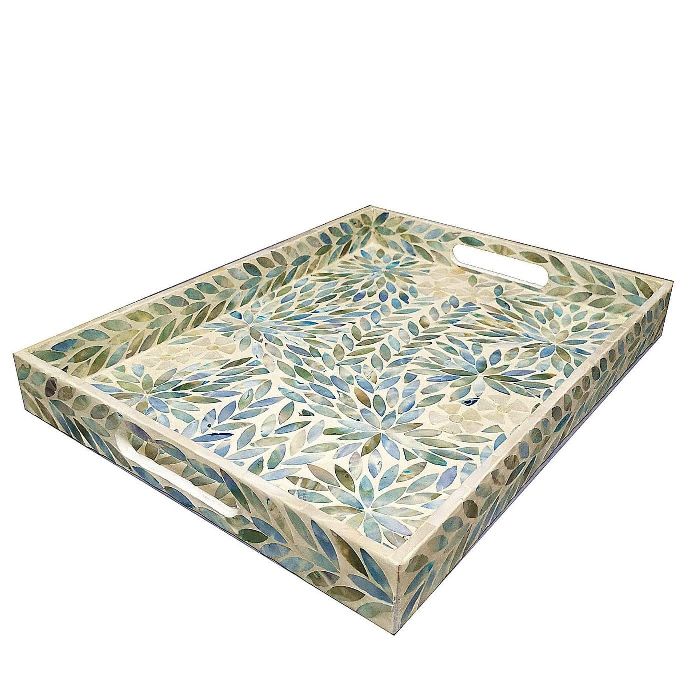 ilan Creative Rectangular Mother of Pearl Severing Tray Lacquer Wooden Decorative Tray Handmade Shell Serving Tray with Handles and 2 Inch Side Large Beige Blue Inlay Nacre Ottoman Tray 1575