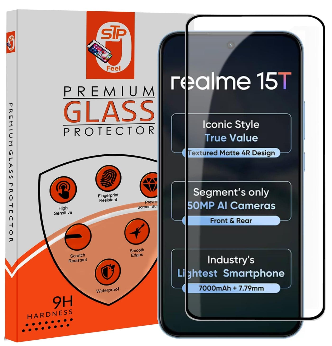 STP FEEL® Premium HD+ Tempered Glass Screen Protector Guard Compatible For Realme 15T 5G (6.57 Inch, Pack of 1) | Edge to Edge Coverage With Easy to installation kit