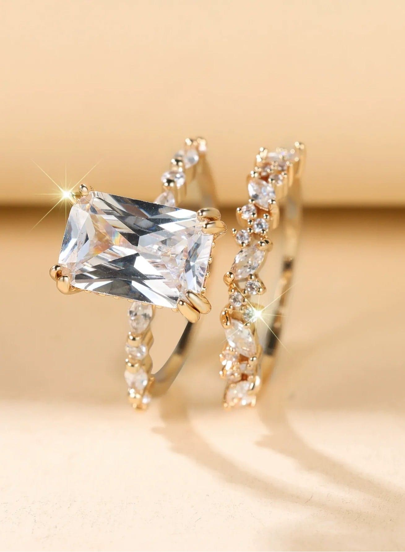 Rectangular White Diamond Ring Set | 2-Piece Stackable Wedding Daily Rings