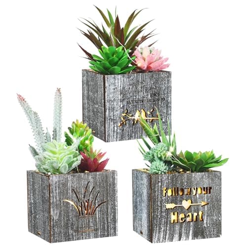 Kinkota Fake Plants Succulent Plants Artificial in Pots with LED Lights Small Fake Succulents Plants Set of 3 Mini Faux Potted Succulents Plants in Wooden Box for Home Office Decoration
