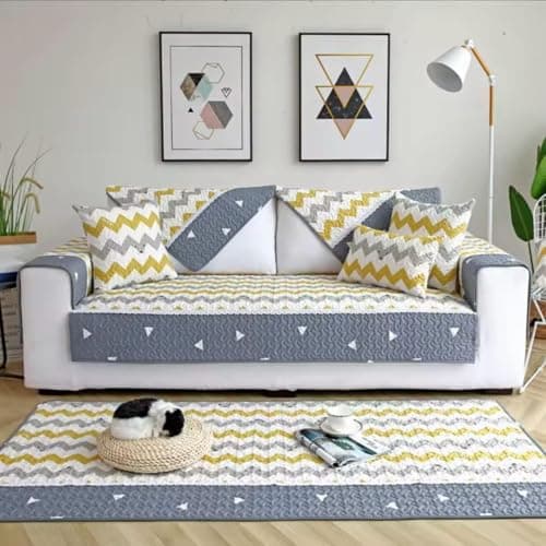 HOMETHREADS European Premium Style Anti Slip 2 Seater Small Sofa Cover Set | Cotton Sofa Slipcover Set of 5pc | 1Pc Front (70x120cm) + 2Pc Back Cover (60x60cm) + 2Pc Armrest (70x50cm) |