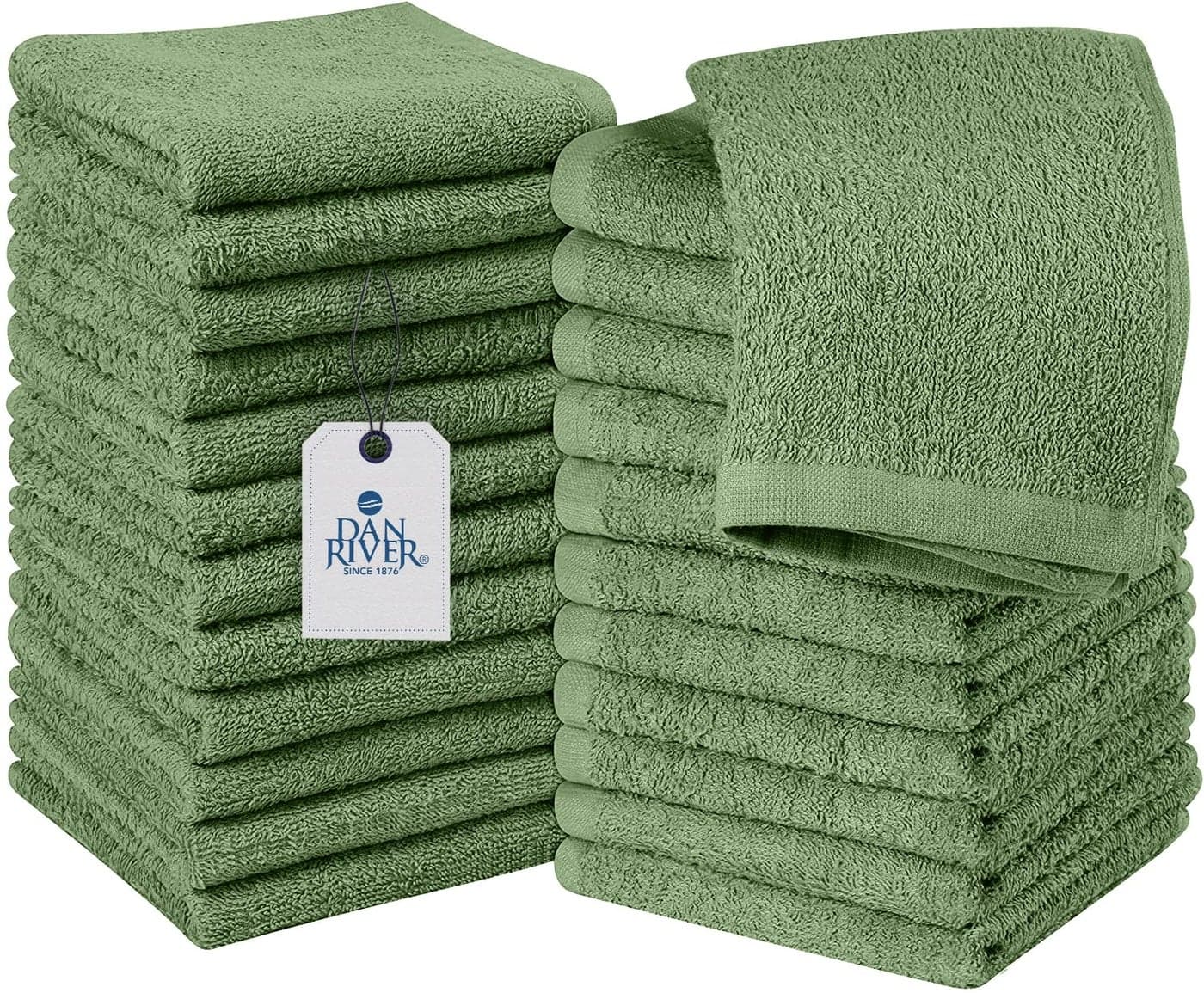 DAN RIVER 100 Cotton Washcloths 24 Pack Premium Quality Face and Body Cloth Quick Dry Essential Towels for Bathroom Hand Kitchen Cleaning Baby Washcloths 12X12 in 400 GSM Sage Green