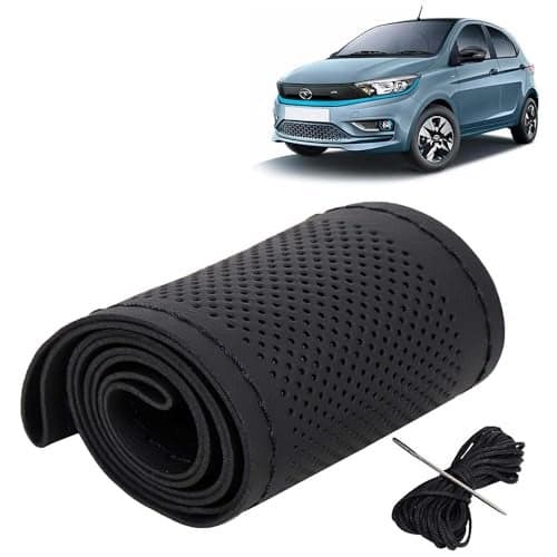 KINGSWAY® PU Leatherite Car Steering Cover Sewable Compatible with Tata Tiago EV (Year 2023 Onwards), Black Color with Black Thread, Pack of 1 with Sewing Needle and Thread
