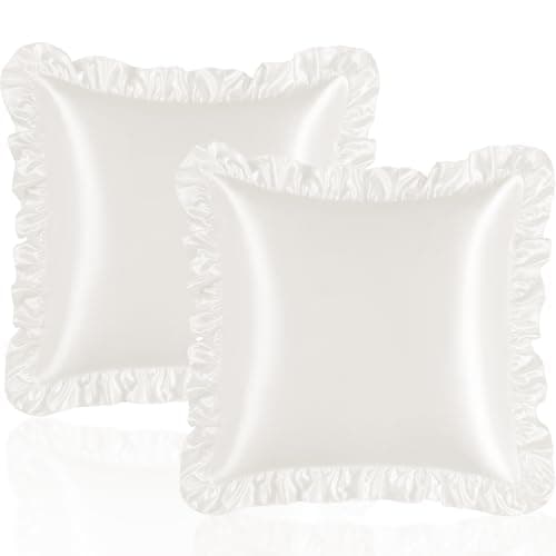 Eychei Ivory White Ruffle Pillow Shams Set of 2, 18 x 18 Inch Satin Ruffle Pillow Covers for Hair and Skin, Silky Pillowcase with Envelope Closure, Anti Wrinkle Ruffled Pillowcase for Sofa, Bed