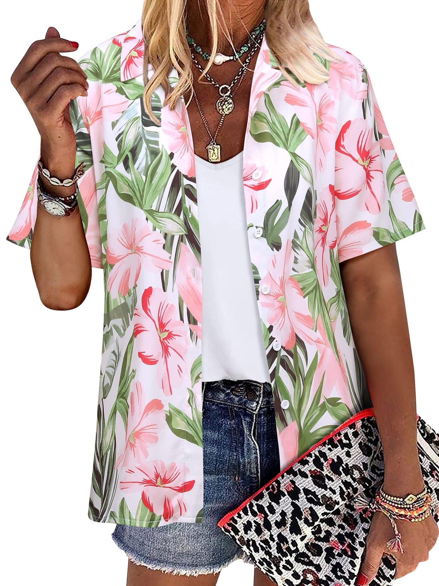 ZXZY Women Summer Hawaii Shirts Soft Cool Floral Tropic Print Short Sleeve Button Up Tops T-Shirt Green
