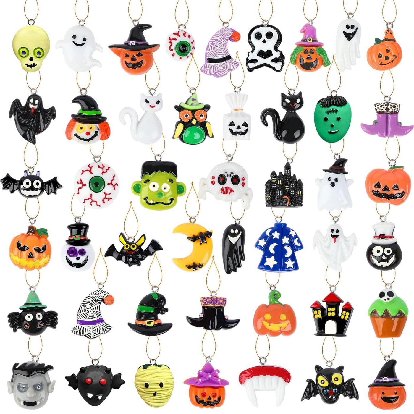 DTOFOOT 36PCS Mini Resin Halloween Ornaments Tiny Hanging Decorations for Tree Miniatures Figurines Charms With String Resin Pendants for Party Decor Small