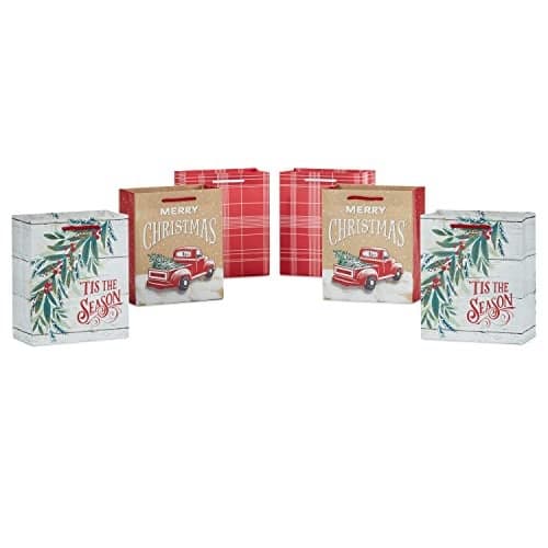 Hallmark 6 Small Rustic Christmas Gift Bag Bundle 6 Bags Red Truck Tis the Season Red and White Plaid for Gift Cards Teacher Presents Holiday Party Favors