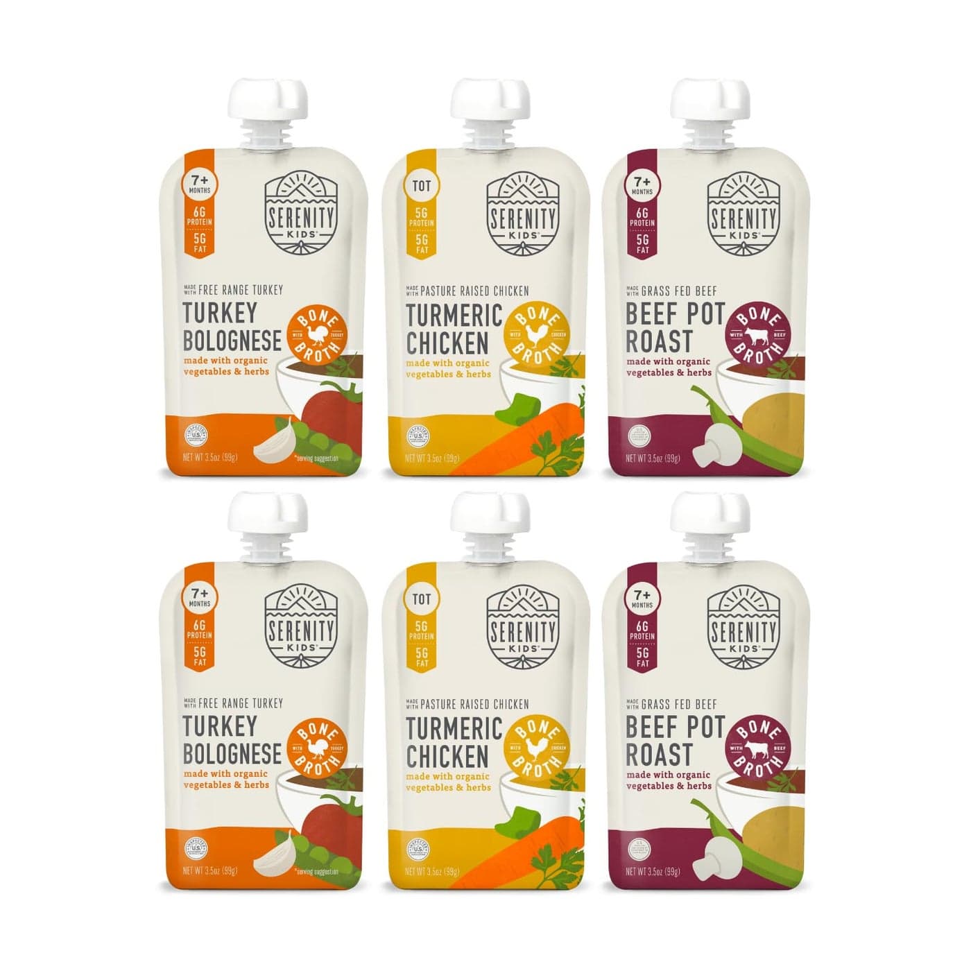 Serenity Kids 7+ Months Bone Broth Puree Made with Organic Veggies - Clean Label Project Purity Award Certified - 3.5 Ounce BPA-Free Pouch - Variety Pack - 6 Count - Baby Puree - Bone Broth for Babies