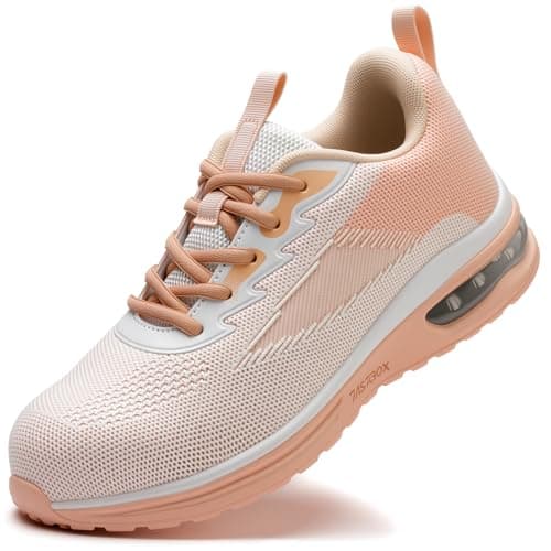 LANSNBO Steel Toe Shoes for Women Lightweight Breathable Safety Work Sneakers Non Slip Puncture Proof Utility Slip On Footwear for Industrial Construction(Fen Bai 37 Pink White