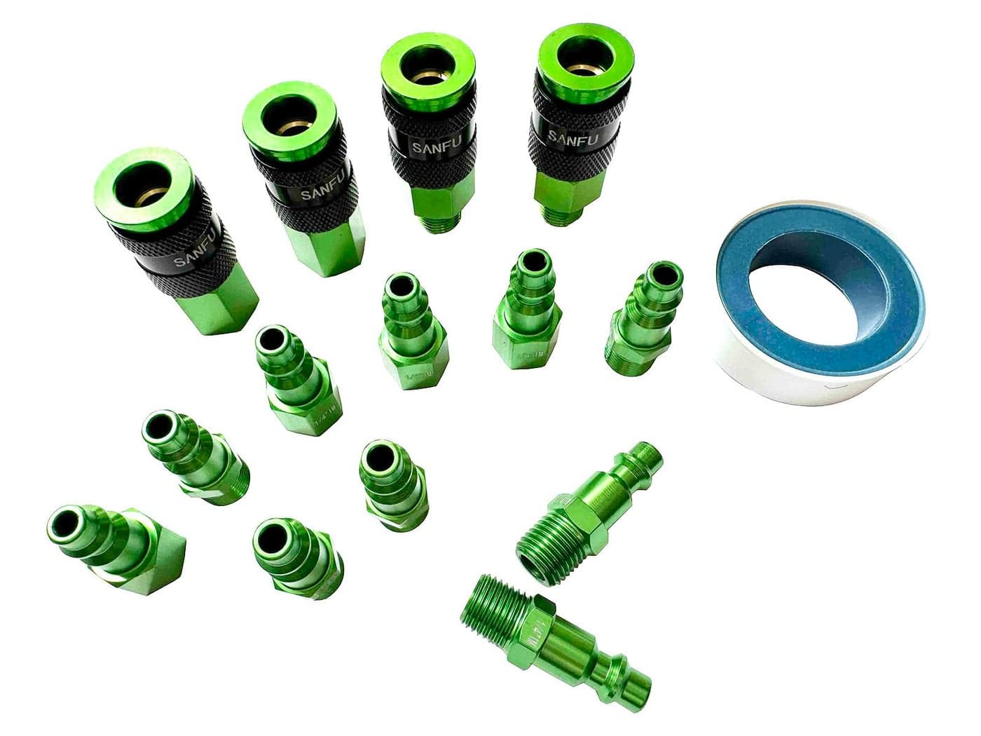 SANFU Air Hose Fittings Aluminum AMT Universal Air Coupler Air Plug Kit 14 Inch Threads Size Lightweight 15 Pieces Air Compressor Accessories Fittings Kit Green