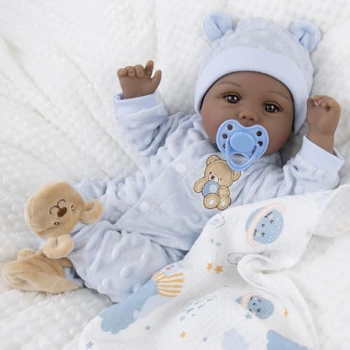 Milidool Black Reborn Baby Dolls Boy 18 Inch Lifelike Black Silicone Baby Dolls That Look Real African American Newborn Boy Dolls Realistic Baby Doll with Bear Clothes Gift Set for Ages 3