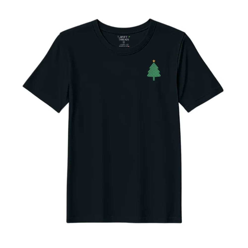 Threads Medium Black Polycotton T-Shirt - Christmas "Simple Christmas Tree with Star" Embroidered Design, Premium Holiday Collection