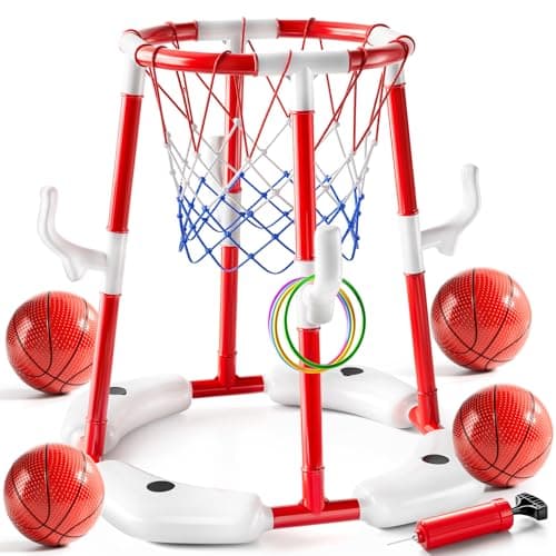JUKUDAHU Swimming Pool Basketball Hoop Toy for Kids 2 3 4 5 6 Years Old Floating Pool Basketball Game Toys with 4 Balls AirPump Outdoor Play Poolside Summer Water for Boys Girls Age 4812 Red