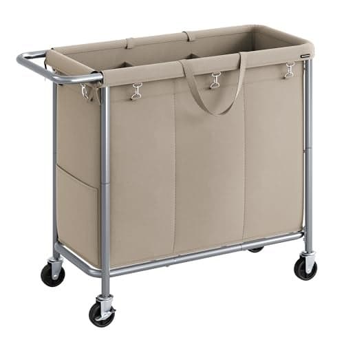 SONGMICS Laundry Basket with Wheels, 3-Section Rolling Laundry Hamper, 52.8 Gallons (200 L), Removable Liner, Steel Frame with Handle, 35.8 x 15.4 x 31.9 Inches, Camel Brown URLS005N01