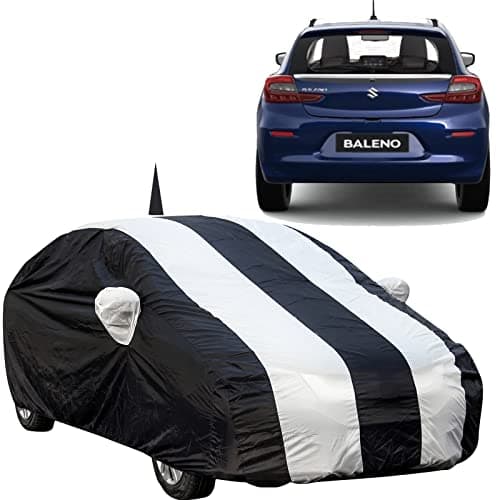 The Autostory 190 Taffeta Water Resistant Car Body Cover Compatible with Maruti Baleno 2022 with Mirror & Antenna Pockets (White/Navy Blue)