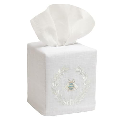 Jacaranda Living Square Tissue Box Cover, Linen/Cotton Fabric Tissue Holder, Decorative Cloth Tissue Cube Cover, Embroidered Bee Designs, Napoleon Bee Wreath (Cream)