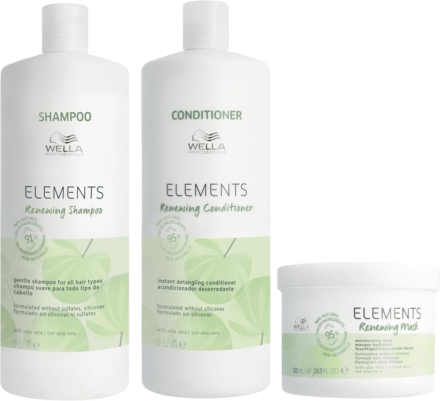 Wella Professionals Gentle Care Professional Hair Care Regime without Silicones Sulphates for Smooth Shiny Hair Elements Renewing Shampoo 1L Detangling Conditioner 1L Hair Mask 500ml Bundle