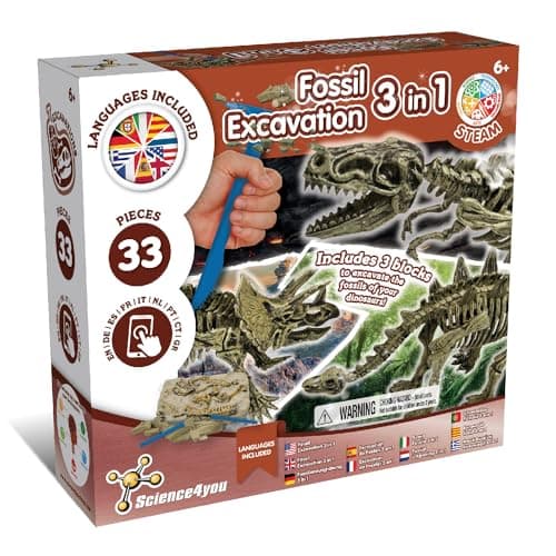Science4you Dinosaur Fossil Excavation 3 in 1 Fossil Digging Kit for Kids TRex Triceratops Stegosaurus 3 Dinosaurs Toys for Kids 37 Pieces Toys Games Gifts for 6 Year Old Boys and Girls