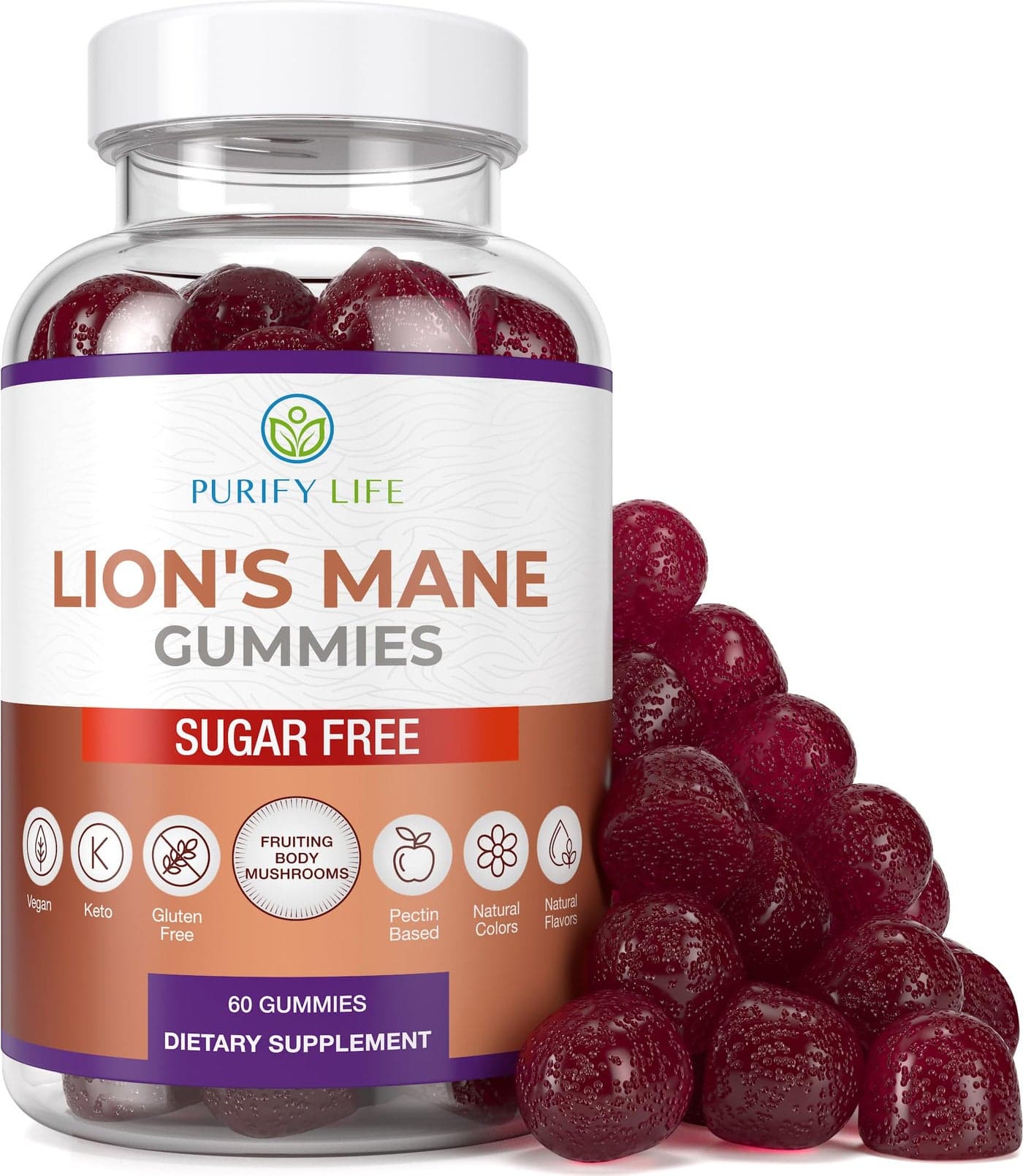 Purify Life Sugar Free Lions Mane Supplement Gummies Nootropic Supplement for Cognition Brain Power and Stress Response Natural Berry Flavor 60ct