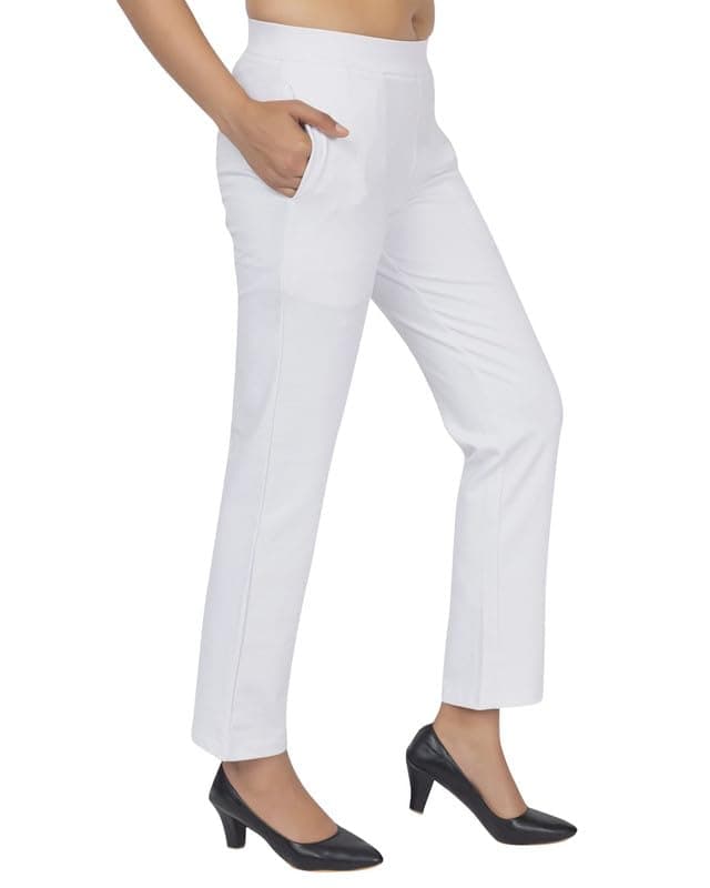 Mlada Straight Fit Cigarette Pencil Pants Elastic Waist Band Mid High Waist Formal Office Trousers for Women, Pockets for Travel Stretch Cotton Knit Full Length Regular/Plus Size - White, M