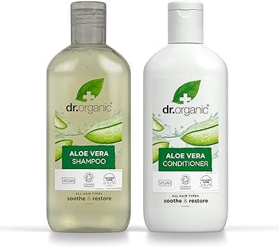 Dr Organic Aloe Vera Shampoo Conditioner Set with Travel Bag Soothing All Hair Types Natural Vegan CrueltyFree Paraben SLSFree Recyclable Recycled Ocean Bound Plastic Organic 265ml