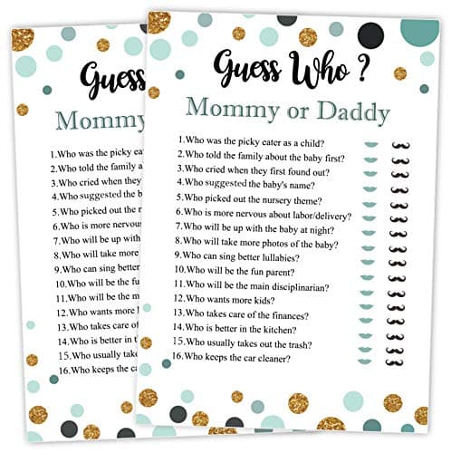 25 Guess Who Mommy or Daddy Fun Baby Shower Game Idea For Girl or Boy Cute Gold Gender Neutral Party Funny Activity Questions at Gender Reveal Bundle Party Activities Supplies For Kids Mom Dad
